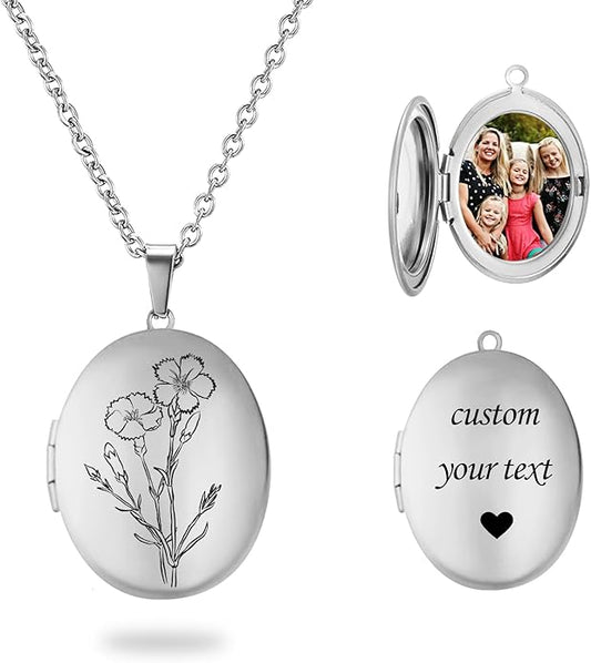 PHOCKSIN Personalized Locket Necklace for Women Photo Necklace with Customized Picture Birth Flower Birthstone New Years Gifts for Women