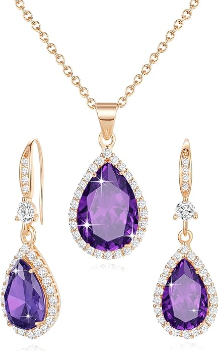 Sumonyo Women Jewelry Set Silver/Gold Plated Teardrop Pendant Necklace Dangle Drop Earrings Dangling Sets Birthstone Crystals Rhinestone,Birthday Anniversary Wedding Mother’s Day Gifts for Women