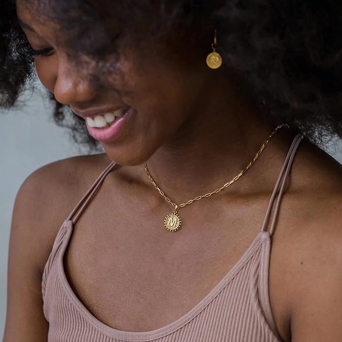 Yoosteel Gold Initial Necklaces for Women, 14K Gold Plated Dainty Layering Paperclip Link Chain Necklace Coin Initial Layered Necklaces for Women Personalized Birthday Gifts