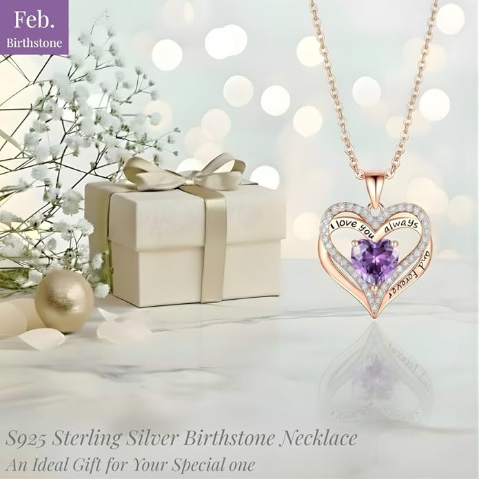 Birthstone Heart Necklace for Women Wife Girlfriend Mom Daughter Gifts S925 Silver Jewelry For Anniversary Rose Gold Gifts For Birthday Christmas Mothers Valentines Day