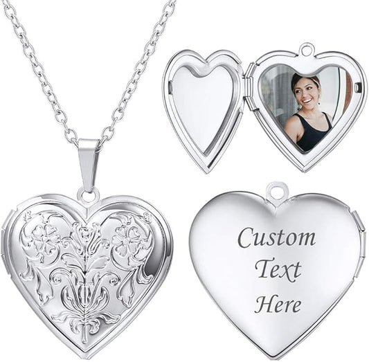 U7 Women Locket Necklace Platinum 14K Gold Photo Lockets that Hold Picture,Chain 20 Inch Personalized Gift Custom Love Heart Image Necklaces