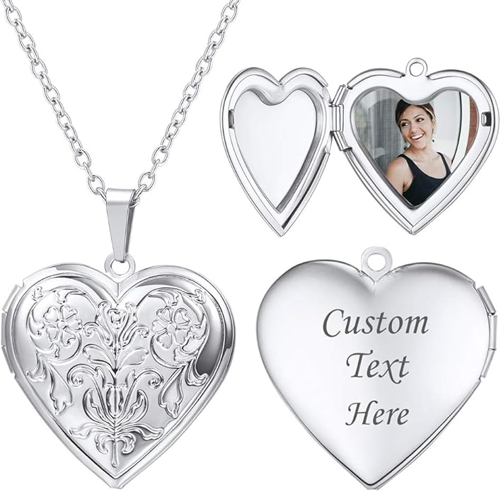 U7 Women Locket Necklace Platinum 14K Gold Photo Lockets that Hold Picture,Chain 20 Inch Personalized Gift Custom Love Heart Image Necklaces