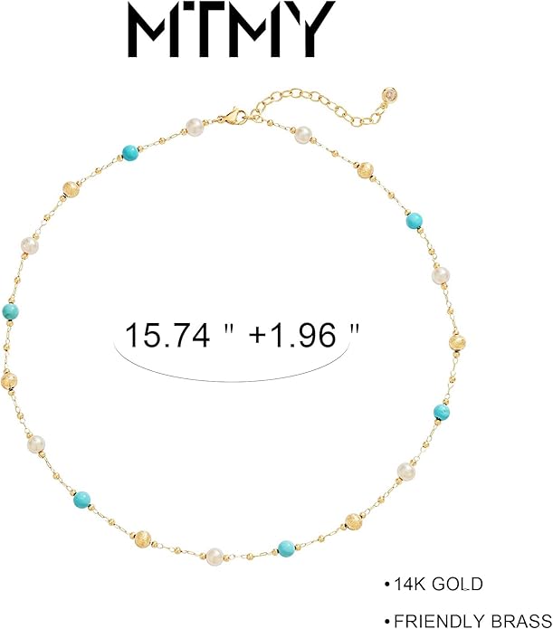 MTMY Beaded Necklaces for Women 14K Gold Plated Dainty Colorful Green/Rose Beaded Pearl Choker Necklace Delicate Boho Choker Necklace Jewelry Gift