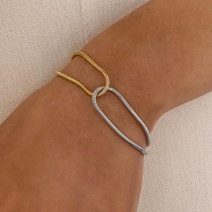 Cryinsun 18K PVD Gold Silver Waterproof Two Tone Twisted Circle Link Chain Bracelet for Women,Snake Chain Link Bracelets Dual Color Mixed Chain Bracelets Jewelry Gifts