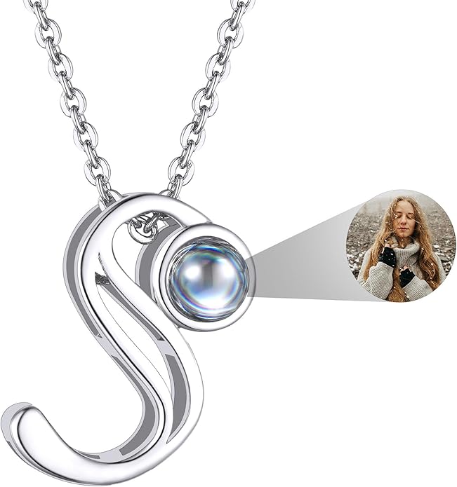 Custom4U Personalized Initial Picture Necklace for Women, Projection Necklace with Picture Inside, Gold/Silver Letter Pendant Necklace, Custom Photo Gifts for Mom Wife Birthday Valentines