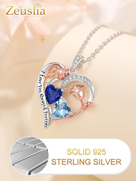 Zeuslia Double Birthstone Necklace Gifts for Wife - 925 Sterling Silver Sunflower/Rose/Crown Cross/Compass/Heart Pendant I Love You Necklace, Anniversary Birthday Gifts for Wife Girlfriend Mom Her