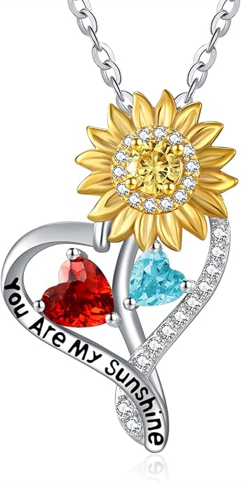 Zeuslia Double Birthstone Necklace Gifts for Wife - 925 Sterling Silver Sunflower/Rose/Crown Cross/Compass/Heart Pendant I Love You Necklace, Anniversary Birthday Gifts for Wife Girlfriend Mom Her