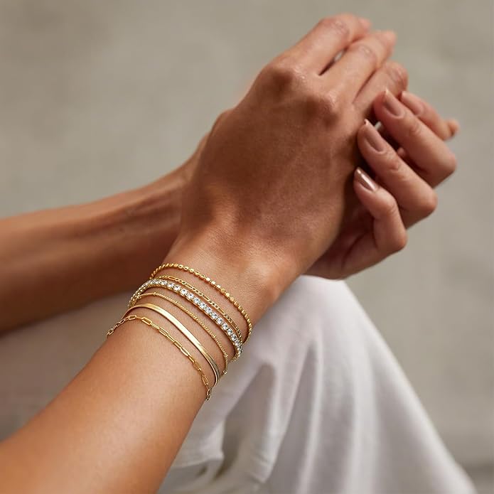 Krfy 5/6Pcs Gold Plated Bracelets for Women Trendy, S925 Plated Silver Bracelet Stack, Non Tarnish Waterproof Bracelets for Women, Paperclip Herringbone Figaro Cuban Twist Chains, Size 6.5''+2''