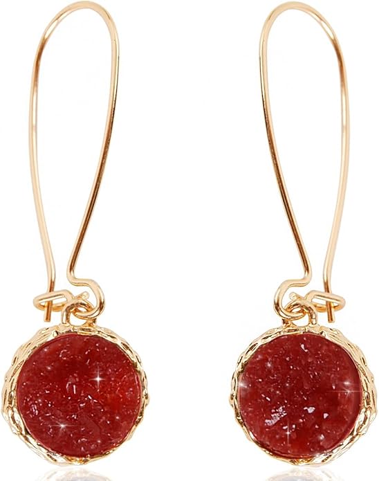 Simulated Druzy Threader Drop Earrings for Women - Gold, Silver, or Rose Gold Tone Trendy Boho Dangles with Sparkly Round Stone
