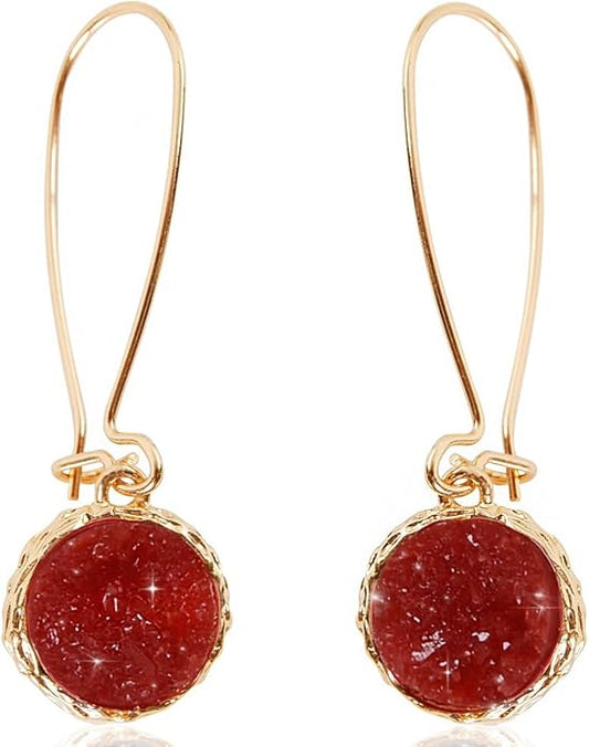 Simulated Druzy Threader Drop Earrings for Women - Gold, Silver, or Rose Gold Tone Trendy Boho Dangles with Sparkly Round Stone