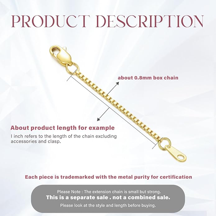 14k Gold Necklace & Bracelet Extender Chain, 1"/1.5"/2"/3"/4"/5" Durable Removable Gold Extension Chain