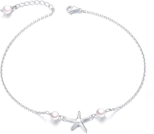 Anklet for Women S925 Sterling Silver Adjustable Foot Evil Eye Starfish Heart Bead Butterfly Celtic Knot Cross Multilayer Layered Ankle Bracelet Jewelry