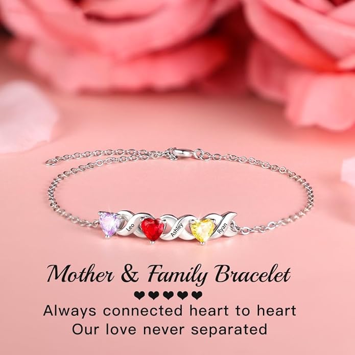 Personalized Custom Name Heart Bracelet with 1-6 Birthstone Bracelets for Women Engraved Family Names Link Bracelets for Mother's Day Mom Daughter
