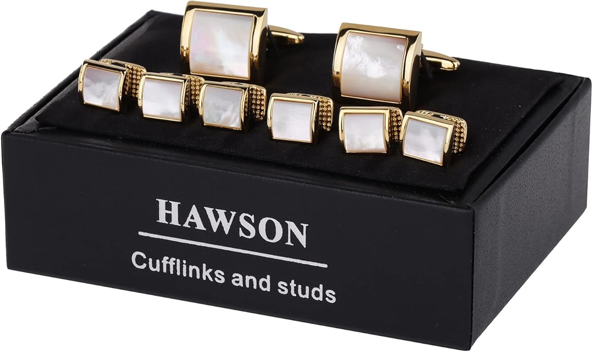 HAWSON Cufflinks and Studs for Men with Gift Box, Gold or Silver Tone Cuff Links, Mens Jewelry or Accessories for Wedding Business Anniversary Birthday