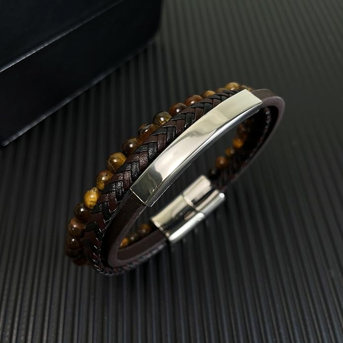 Italian Handmade Genuine Leather Bracelets for Men Stainless Steel Clip, Men's Casual Genuine Multi-layer Cuff Bracelet, Bracelet Gift for Real Men