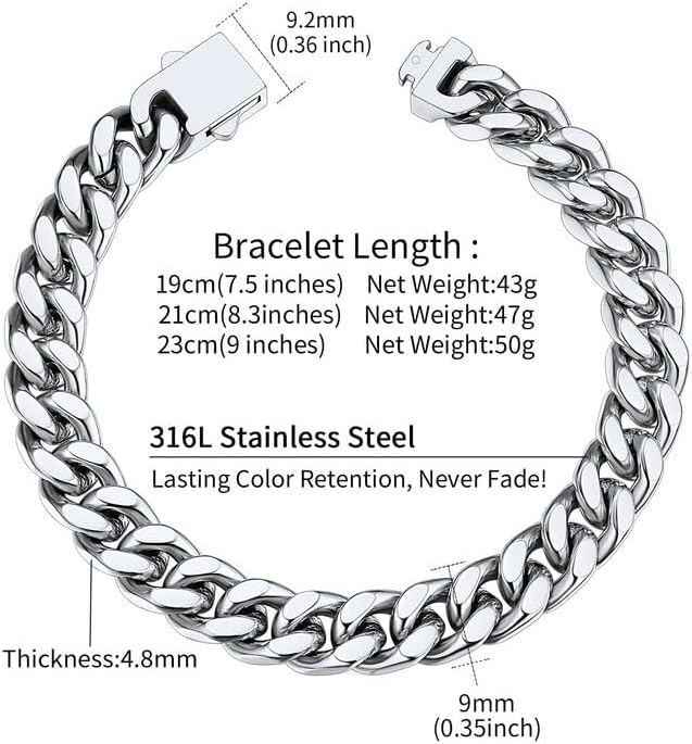 ChainsHouse Stainless Steel Cuban Link Bracelet for Men, 5mm/7mm/9mm/12mm Width, 7.5"/8.3"/9" Length, Black/18K Gold Plated Chain Wrist Bracelets for Men, with Gift Box