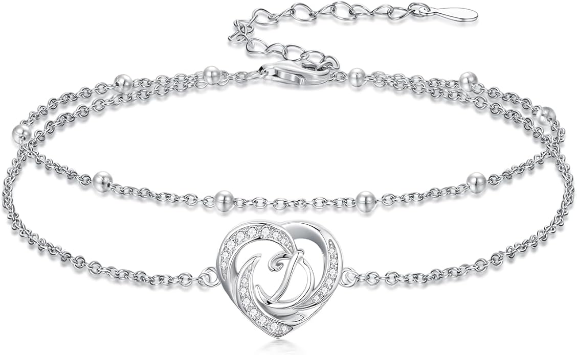 Dorunmo Initial Anklet 925 Sterling Silver Letter A-Z Layered Heart Anklet Beach Jewelry Birthday Gifts for Women