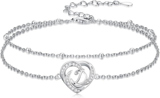 Dorunmo Initial Anklet 925 Sterling Silver Letter A-Z Layered Heart Anklet Beach Jewelry Birthday Gifts for Women