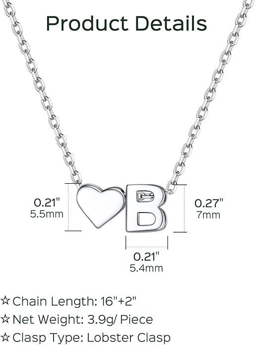 ChicSilver 925 Sterling Silver Heart Initial Necklaces for Women -Dainty Personalized Heart Pendant Letter Alphabet Necklace for Women