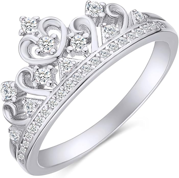 Princess Crown Ring, Round Cut Moissanite, Cubic Zirconia, Lab Grown or Natural Diamond Promise Ring for Women in 14K Gold Plated 925 Sterling Silver Jewelry Gift for Her