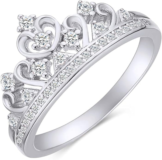 Princess Crown Ring, Round Cut Moissanite, Cubic Zirconia, Lab Grown or Natural Diamond Promise Ring for Women in 14K Gold Plated 925 Sterling Silver Jewelry Gift for Her
