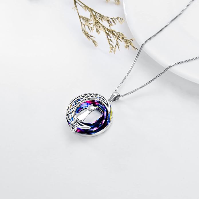 TOUPOP Christmas Cat Gifts for Cats Lovers One Two Three Four Cats Necklace Sterling Silver Cats on the Moon Pendant Necklace with Blue Circle Crystal Birthday Christmas Celtic Jewelry Gifts for Women
