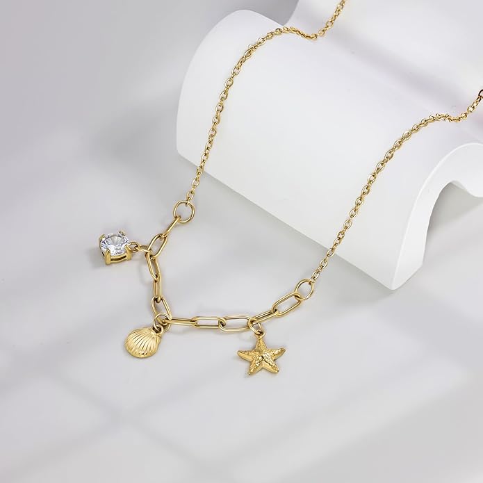 Shell Necklace for Women,14k Gold Plated Layered Starfish Conch SeaShell Pearl Pendant Charm Necklace,Non Tarnish Adjustable Stainless Steel Chain Stack Jewerly for Summer Beach Vacation