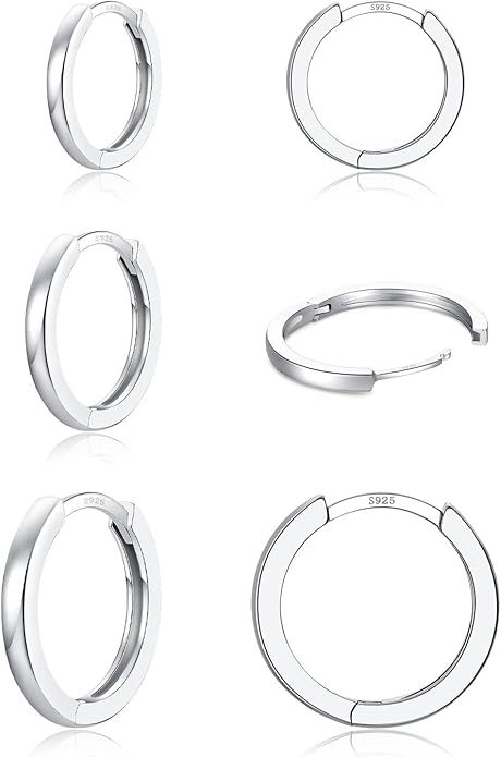 3 Pairs 925 Sterling Silver Hoop Earrings 14K White Gold Plated Small Silver Hoops Cartilage Huggie Earrings for Women Men