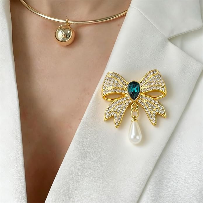 3PCS Vintage Pearl Rhinestone Bow Brooch Gold Brooches and Pins for Women Red Blue Green Gemstone Pearl Brooch Pins for Dresses Womens Clothes Corsage Clothing Accessories Jewelry Pins and Brooches