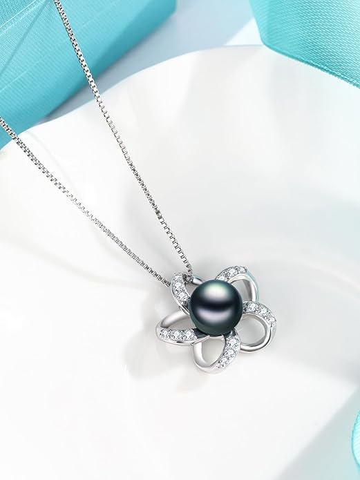 KANNSOAR Tahitian Black Pearl Pendant Necklace AAAA 18K White Gold Plated 925 Sterling Silver Black Pearl Jewelry Gift for Women Mother Wife Her for Anniversary Christmas Birthday