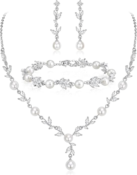 EleQueen Women's Simulated Pearl Wedding Jewelry Set, Cubic Zirconia Marquise Floral Bridal Necklace Earrings Bracelet Sets