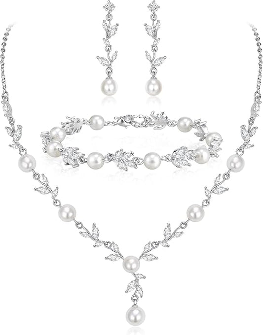 EleQueen Women's Simulated Pearl Wedding Jewelry Set, Cubic Zirconia Marquise Floral Bridal Necklace Earrings Bracelet Sets