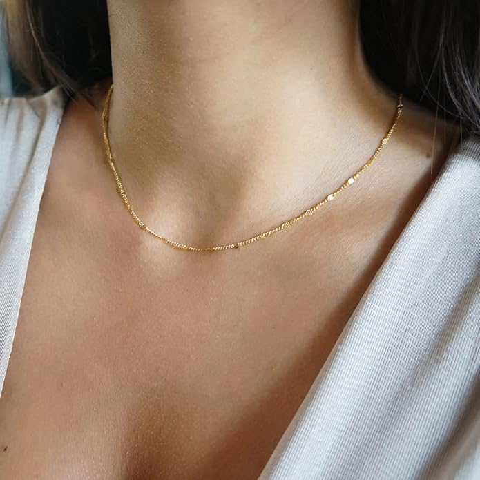 14K Gold Necklace for Women, Womens Dainty Chain Necklace Plated Shining Dots Satellite Choker Box Chain, Women Layering Necklaces