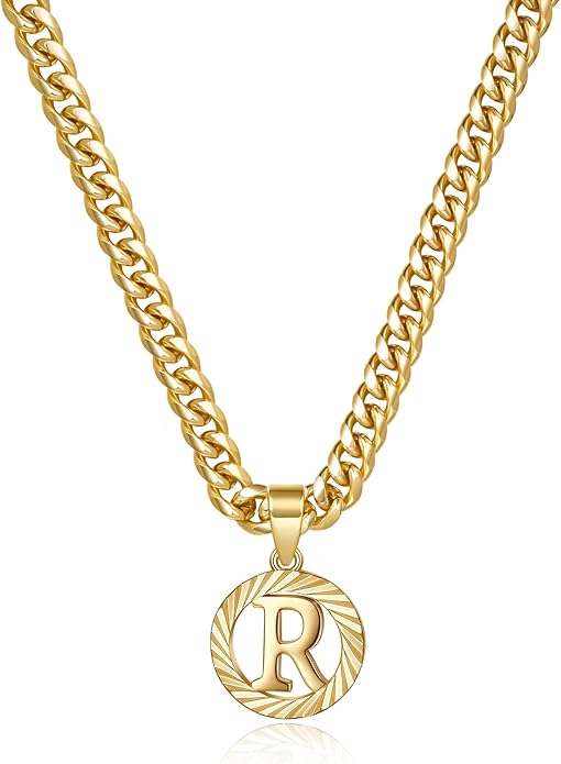 KissYan Gold Initial Necklace,14K Gold Plated Round Letter Pendant Hollow Capital Monogram 5mm Cuban Chain Necklace Alhpabets from A-Z Dainty Jewelry for Women Men