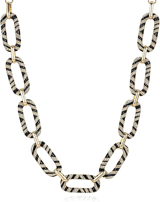 Chunky Chain Necklace Geometric Links Collar Necklace, Animal Prints Black and White Enamelled with Rhinestone Embellished Details Women Gifts