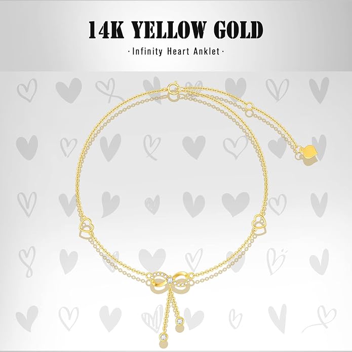 14K Solid Gold Heart Infinity Anklet for Women,Real Gold Dainty Moissanite Infinity Heart Anklets Beads Station Anklet Foot Link Anniversary Birthday Jewelry Gifts for Wife Mom 8''+2''