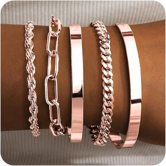 Gold Bracelets for Women Non Tarnish, 14K Gold Plated Chunky Cuff Bracelet Gold Bangles Bracelet for Women Trendy Tie Knot Cuban Rope Paperclip Beaded Bracelet Stack Jewelry Gifts