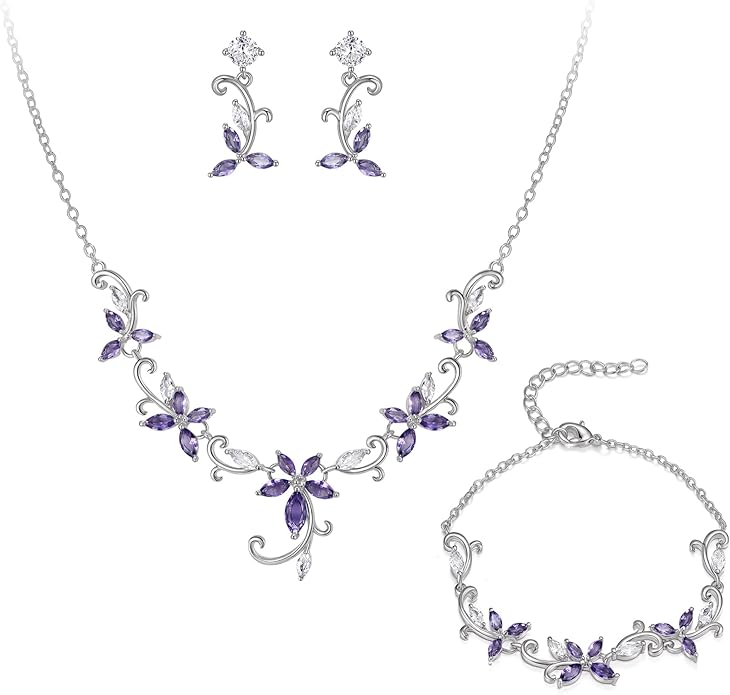 Crysdue Flower Leaf Wedding Jewelry Set for Bridal Bridemaid, Cubic Zirconia Teardrop Elegant Silver/14K/Rose Gold Plated Vine Necklace Dangle Earrings for Prom Party