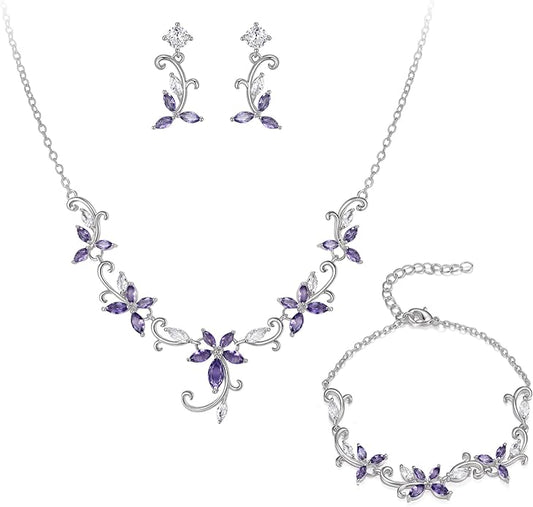 Crysdue Flower Leaf Wedding Jewelry Set for Bridal Bridemaid, Cubic Zirconia Teardrop Elegant Silver/14K/Rose Gold Plated Vine Necklace Dangle Earrings for Prom Party