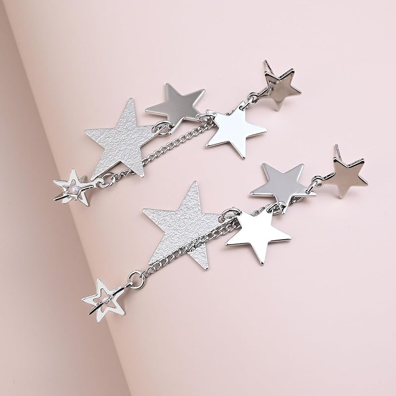 Silver Sparkly Star Drop Earrings Long Tassel Stud Earrings for Women Star Jewelry
