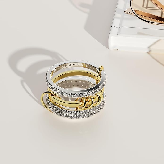 Stackable Rings For Women Non Tarnish,Two-Tone 18K Gold Silver Mixed Metals Interlocked Ring, Cubic Double-Layer Zirconia Interlocked Fashion Accessories Jewelry, Special Statement Ring Set Gifts For Women