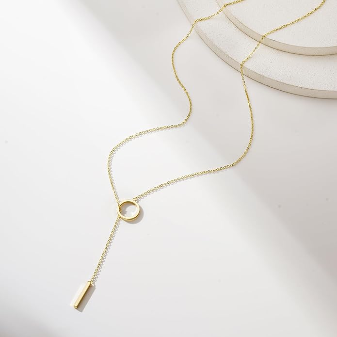 Yoosteel Long Lariat Necklace for Women - Dainty Y-Shaped Necklaces 14K-Gold-Plated Drop Chain Simple Jewelry Trendy Gifts for Women
