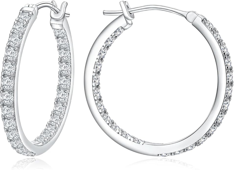 Yellow Gold Plated/925 Sterling Silver Sparkle Cubic Zirconia Hoop Earrings for Women fit Sensitive Ears 14mm/20mm/26mm Huggie/Medium/Large Hoops(with Gift Box)