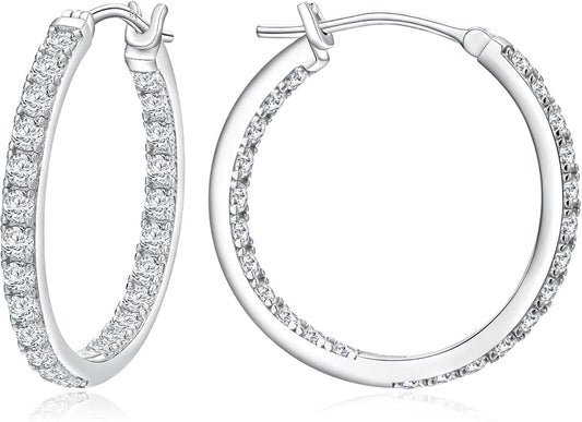 Yellow Gold Plated/925 Sterling Silver Sparkle Cubic Zirconia Hoop Earrings for Women fit Sensitive Ears 14mm/20mm/26mm Huggie/Medium/Large Hoops(with Gift Box)