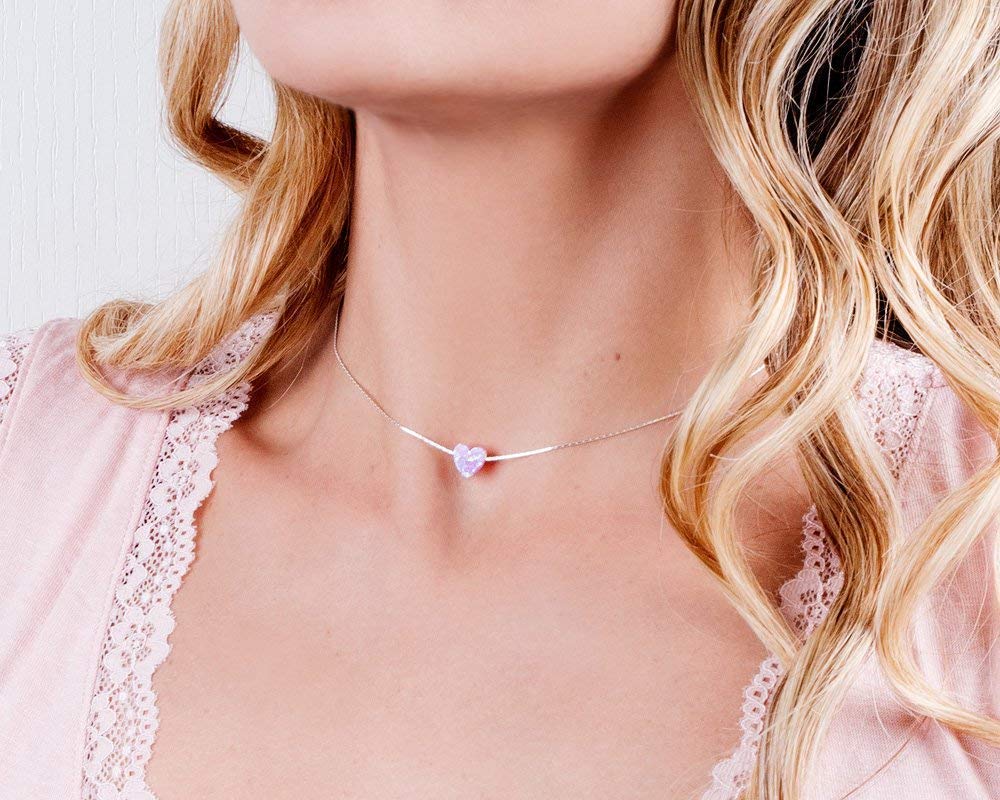 Pink Opal Heart On Thin Sterling Silver 925 Choker Necklace - Handmade Minimal Necklace For Women- Length: 13.5 inch + 3 inch Extender (sterling silver, pink)