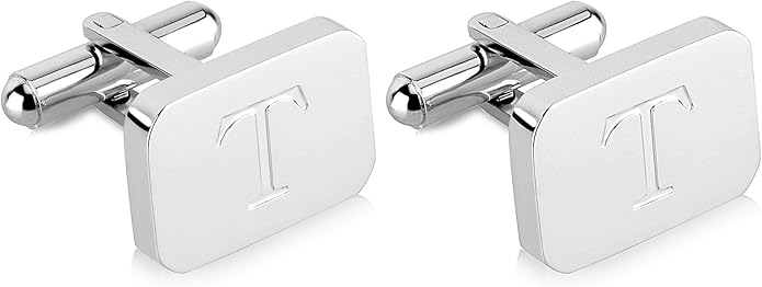 18K White-Gold Plated Initial Engraved Stainless Steel Men’s Cufflinks With Gift Box -Personalized Alphabet Letter’s A-Z By Lux & Pair