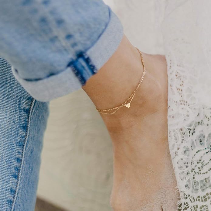 Ursteel Ankle Bracelets for Women, 14K Gold Plated Dainty Layered Heart Initial Anklets for Women Gifts