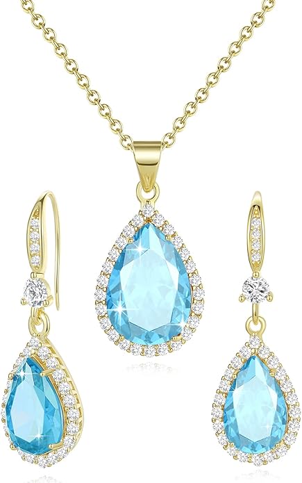 Sumonyo Women Jewelry Set Silver/Gold Plated Teardrop Pendant Necklace Dangle Drop Earrings Dangling Sets Birthstone Crystals Rhinestone,Birthday Anniversary Wedding Mother’s Day Gifts for Women