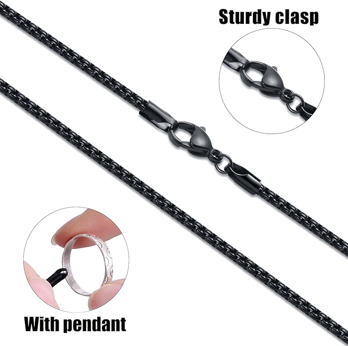 Fiusem Box Chain for Men, Silver Tone/14K Gold Plated/Black Stainless Steel Necklace for Men and Women, Width 2/2.5/3/4/5mm, Length 18-28 Inches