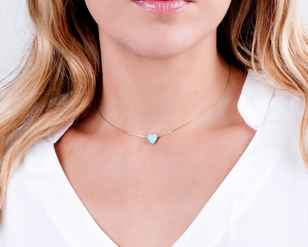 Blue Opal Heart on 14K Gold Filled Choker Necklace - Designer Handmade Thin Collar for Women - Length: 13.5 inch + 3 inch Extender (gold filled, blue)
